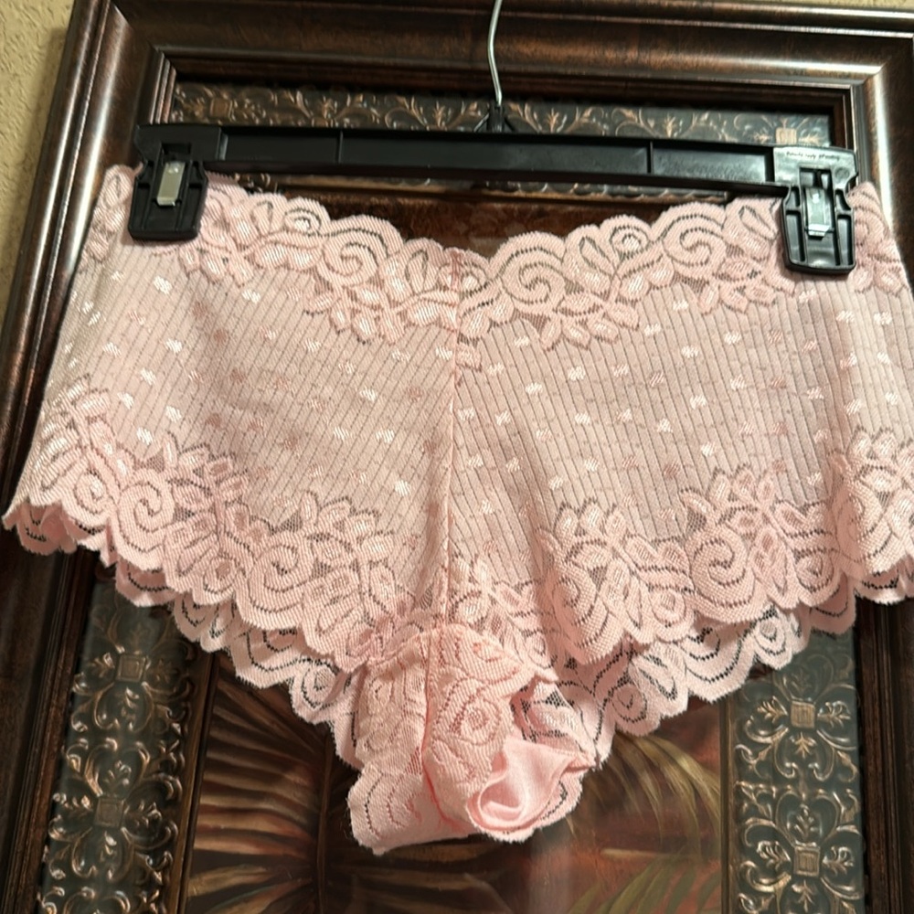 NWOT Q-T Intimates Pink Lace Women's Cheeky Panty. No show edges. Lots of shine.